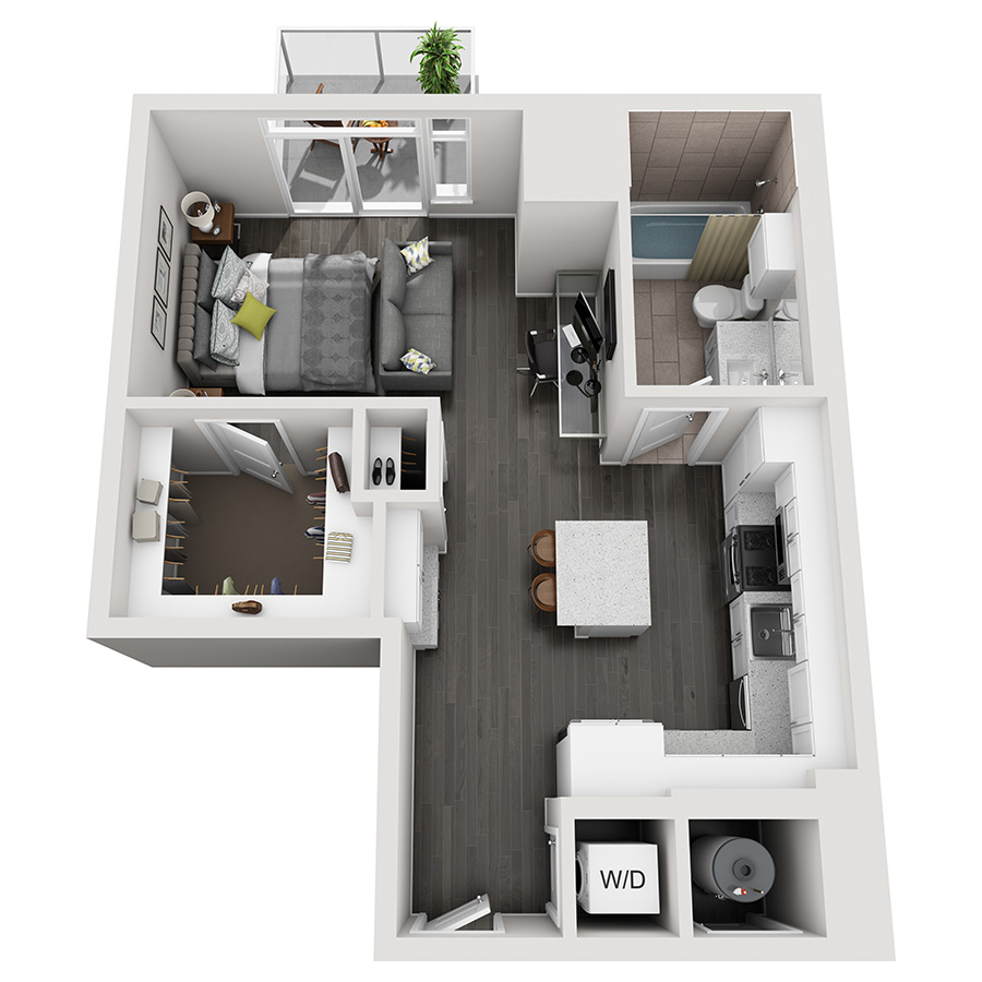 #1901 - Studio floorplan layout with 1 bathroom and 610 square feet