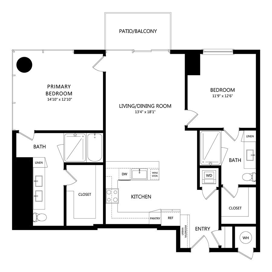 #1916 - 2 bedroom floorplan layout with 2 bathrooms and 1300 square feet
