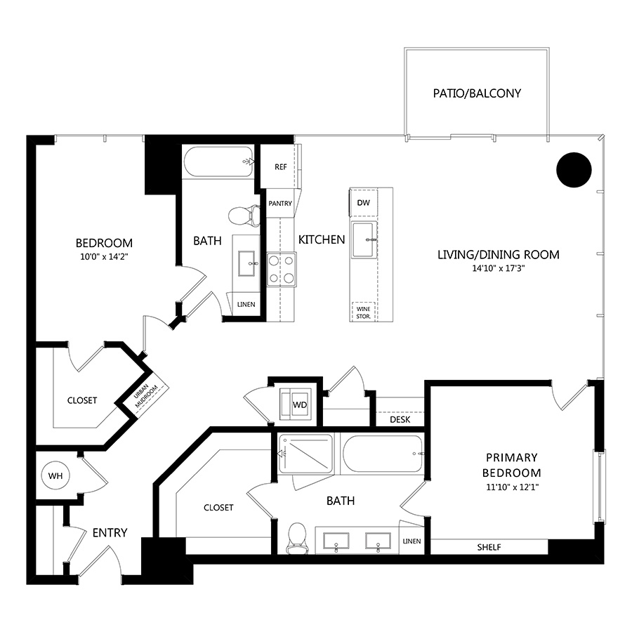#1906 - 2 bedroom floorplan layout with 2 bathrooms and 1288 square feet