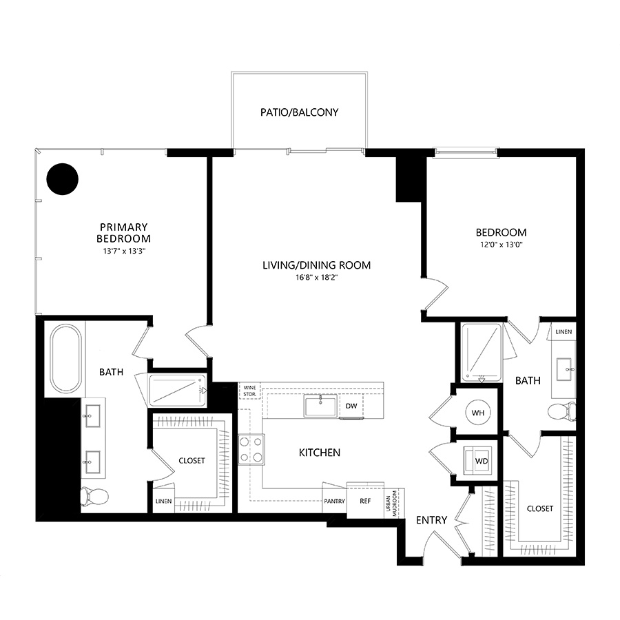 #2113 - 2 bedroom floorplan layout with 2 bathrooms and 1384 square feet