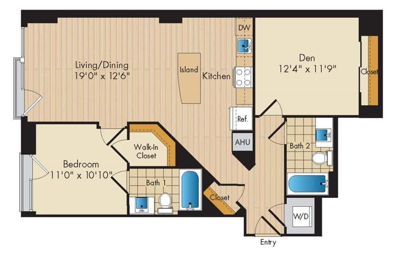 1 Bed 2 Bath Den-AD3a floor plan