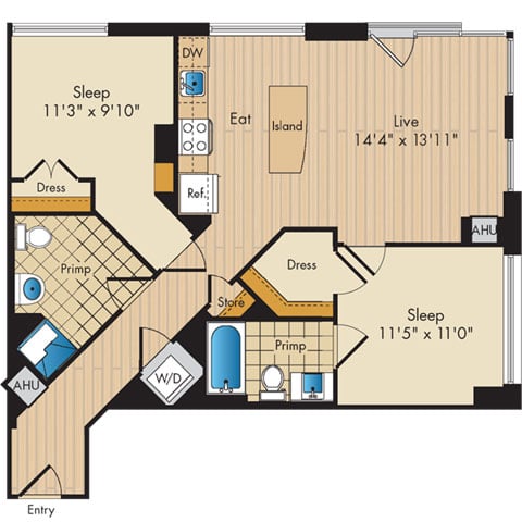 2 Bed 2 Bath-B2a floor plan