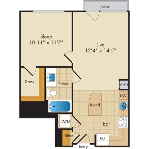 1 Bed 1 Bath-A3b floor plan
