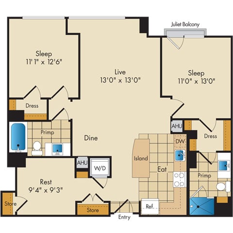 2 Bed 2 Bath w Den-BD2b floor plan