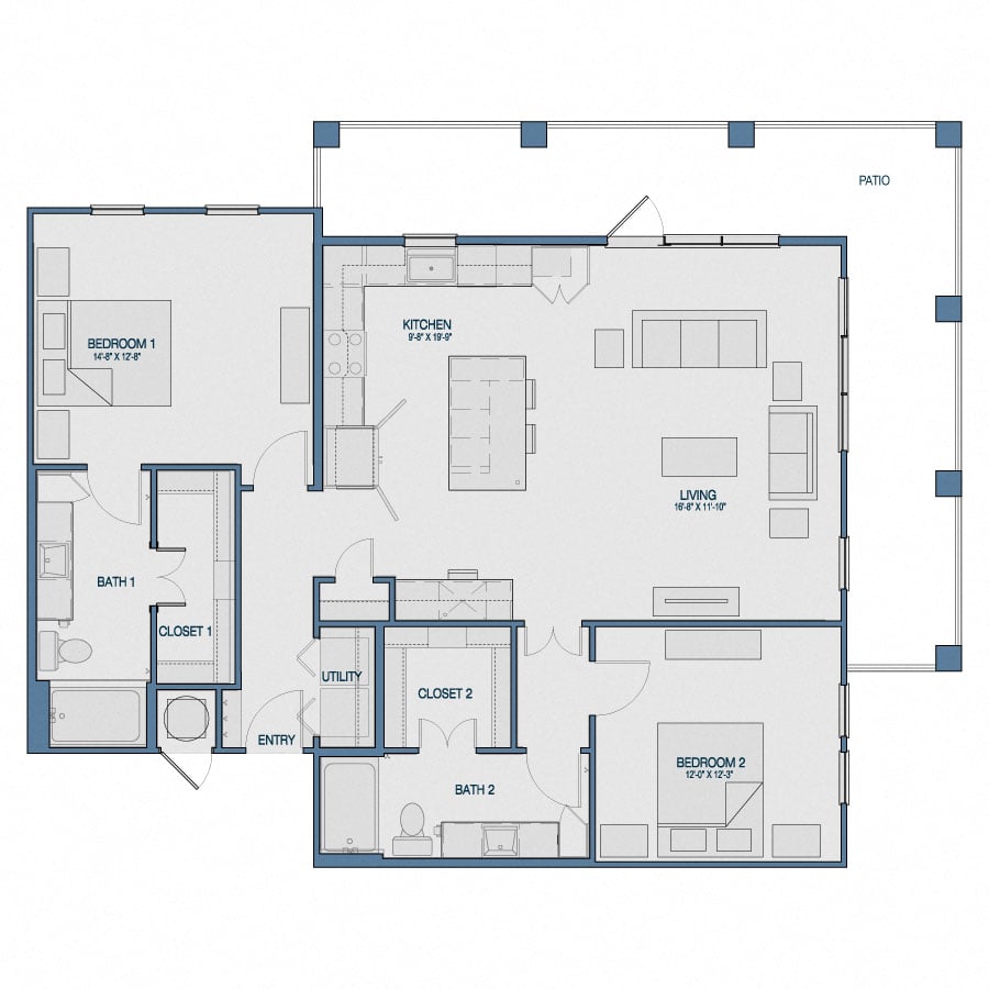 Rendering of the B3 floor plan with 2 bedroom[s] and 2 bathroom[s] at The Kathryn
