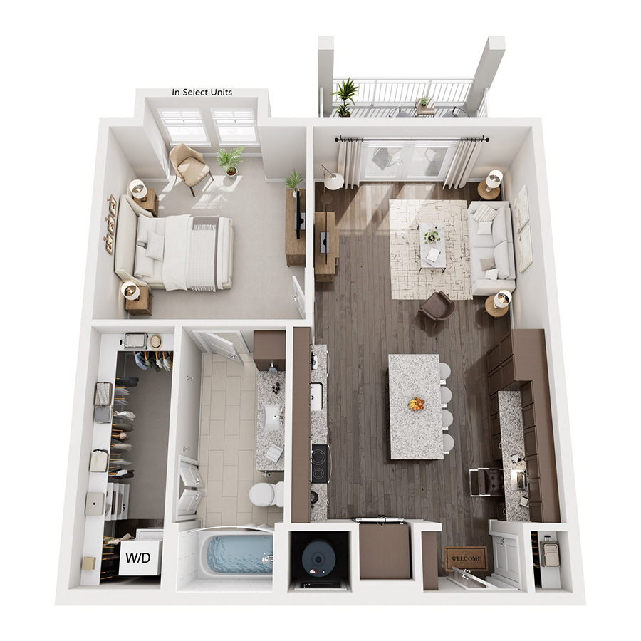 Rendering of the A2 floor plan with 1 bedroom[s] and 1 bathroom[s] at The Kathryn