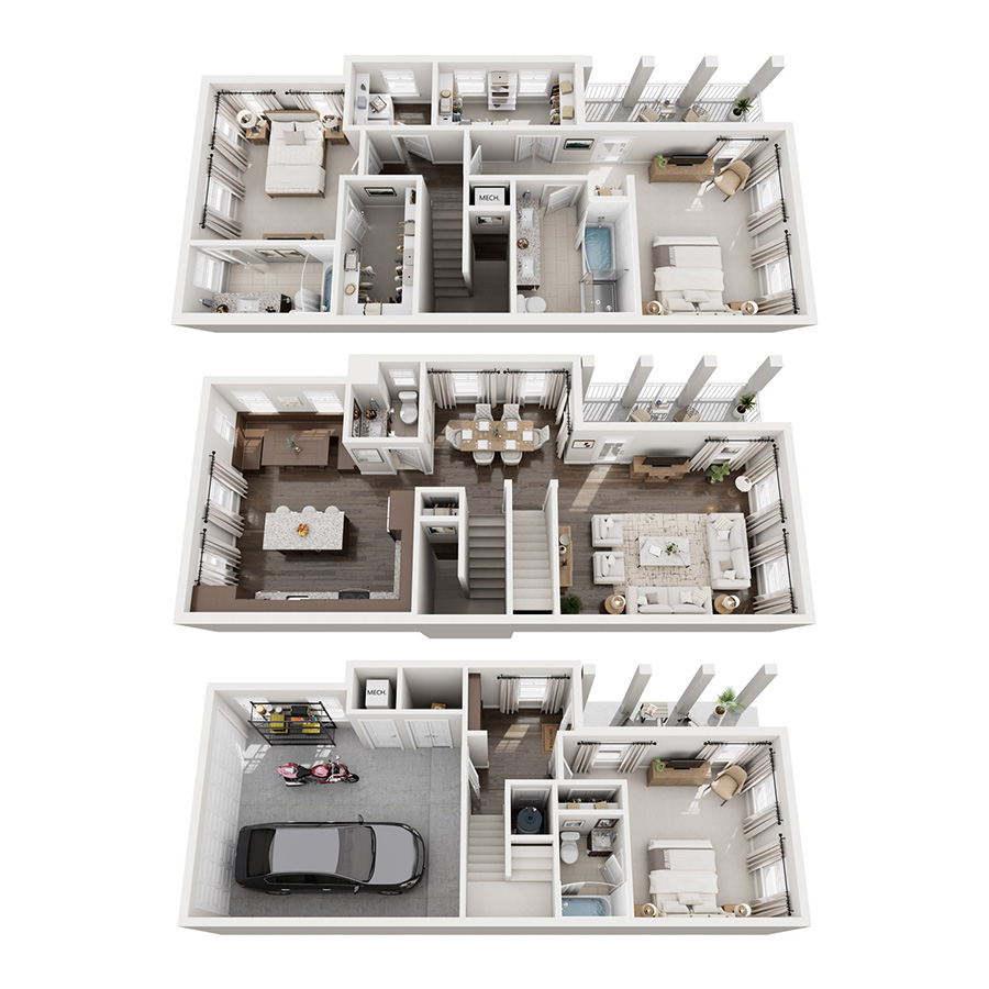 Rendering of the TH4 floor plan with 3 bedroom[s] and 3.5 bathroom[s] at The Kathryn