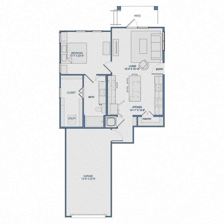 Rendering of the A2.1 floor plan with 1 bedroom[s] and 1 bathroom[s] at The Kathryn
