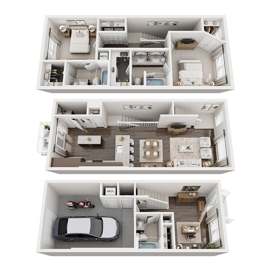 Rendering of the TH2.2 floor plan with 2 bedroom[s] and 2.5 bathroom[s] at The Kathryn