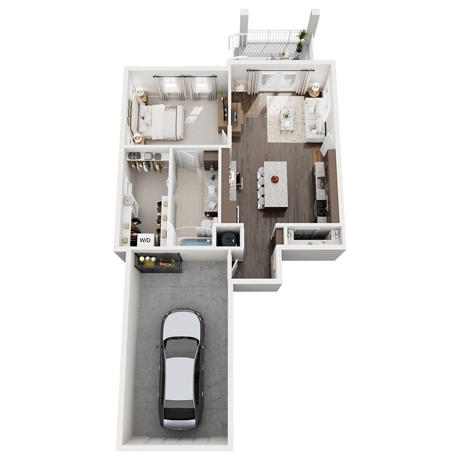 Rendering of the A3 floor plan with 1 bedroom[s] and 1 bathroom[s] at The Kathryn