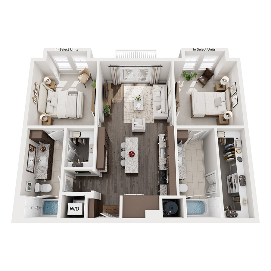 Rendering of the B1.2 floor plan with 2 bedroom[s] and 2 bathroom[s] at The Kathryn