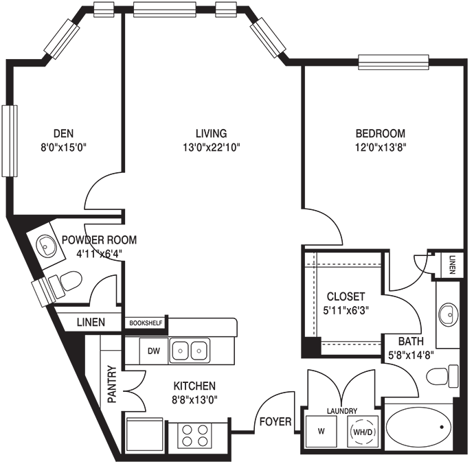 Traditional 1x1.5 927-1020 SF floor plan