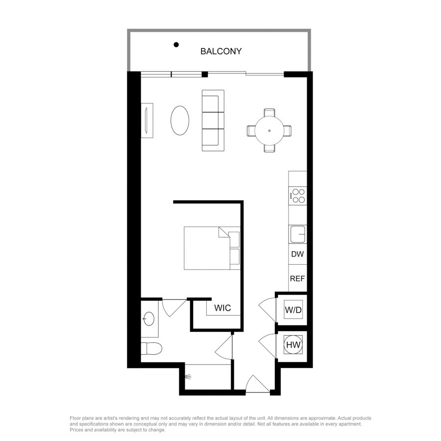 #2705 - 1 bedroom floorplan layout with 1 bathroom and 
