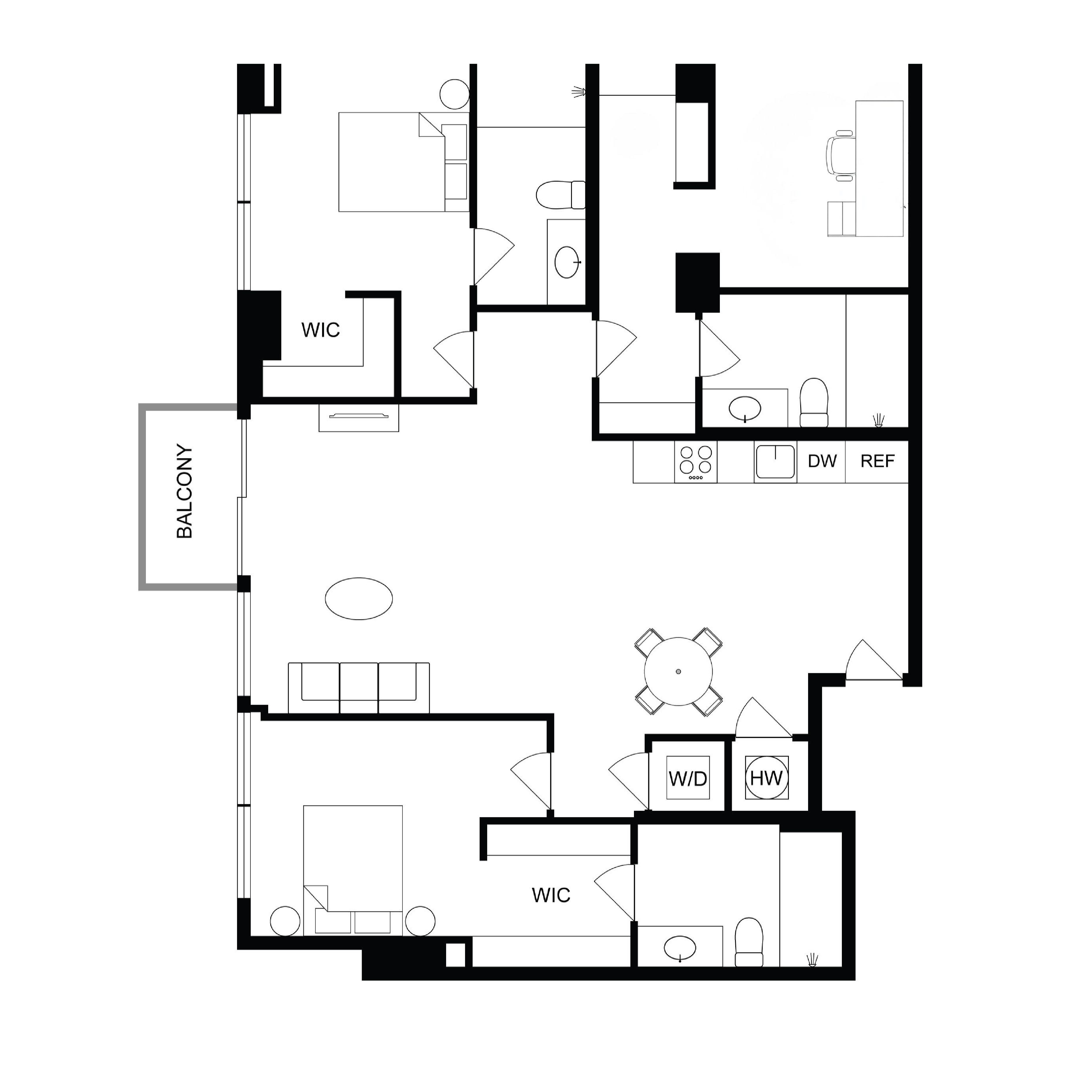 #1715 - 2 bedroom floorplan layout with 3 bathrooms and 