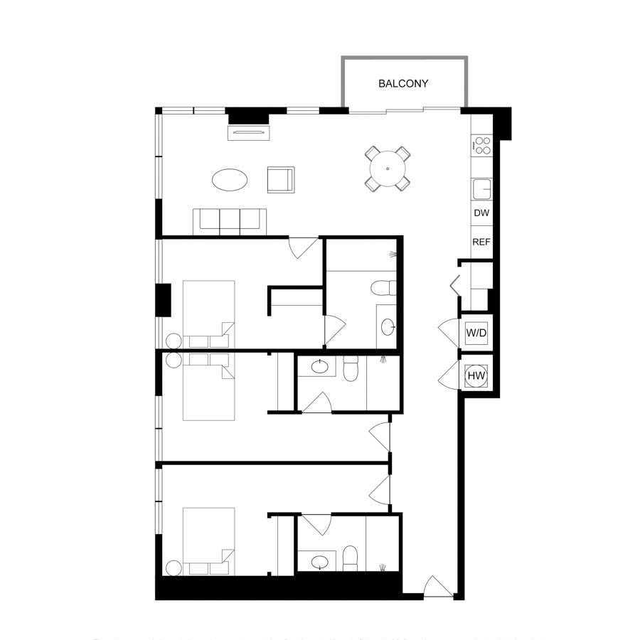 #1707 - 3 bedroom floorplan layout with 3 bathrooms and 