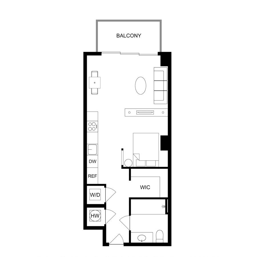 #2212 - Studio floorplan layout with 1 bathroom and 