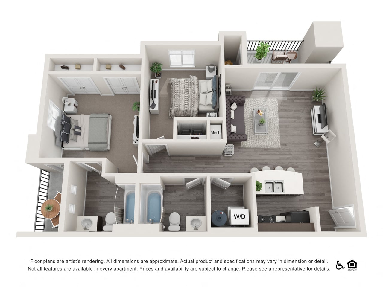 2 Bedroom 2 Bathroom Small floor plan