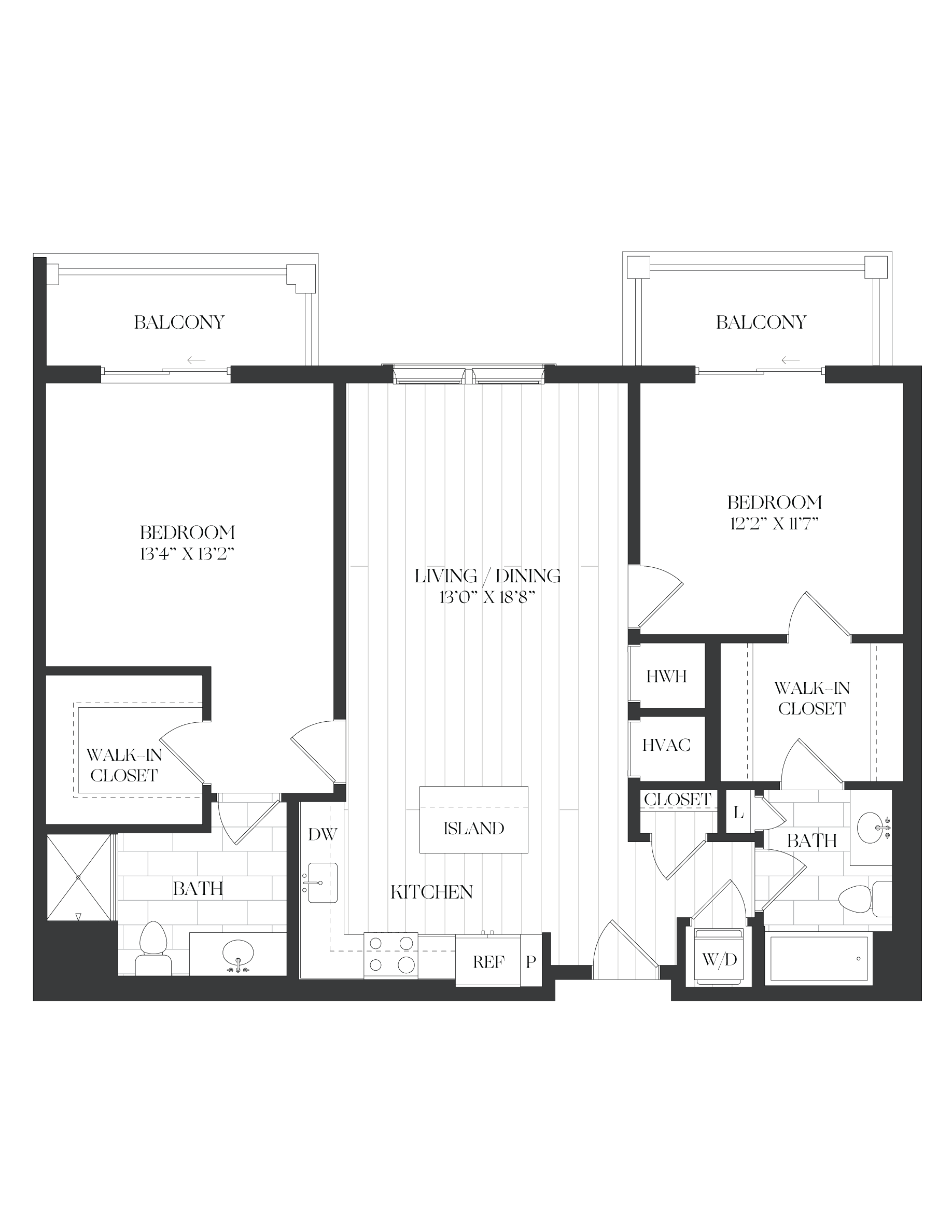 2 Bed/2 Bath-2B-2-B1 Dual Balconies-The Barrett floor plan