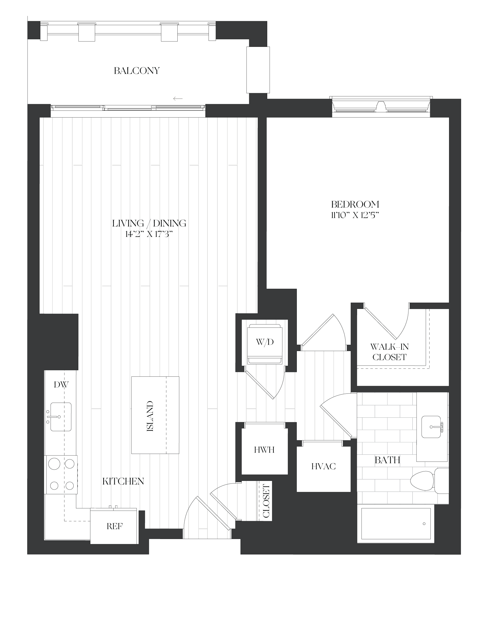 1 Bed/1 Bath-1B-1-A1 Balcony-The Barrett floor plan