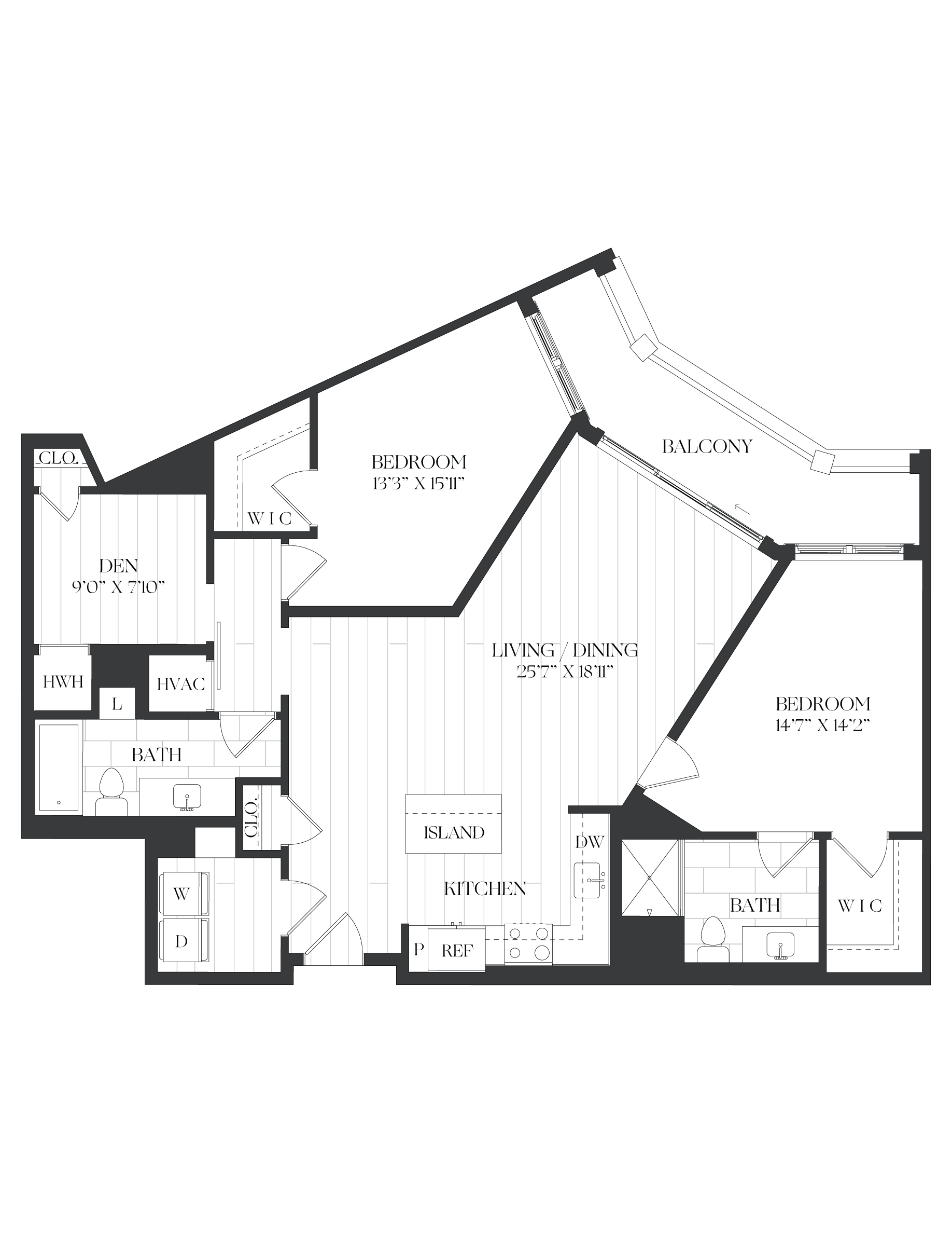 2 Bed/ 2 Bath Den-2D-3-The Barrett floor plan