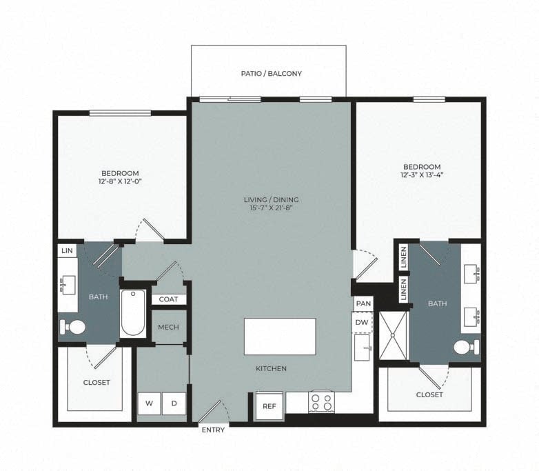 Rendering of the B3 floor plan with 2 bedroom[s] and 2 bathroom[s] at Windsor West Plano