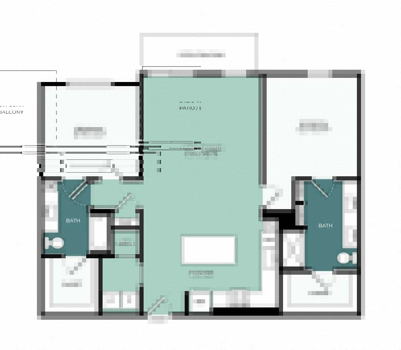 Rendering of the B3 floor plan with 2 bedroom[s] and 2 bathroom[s] at Windsor West Plano