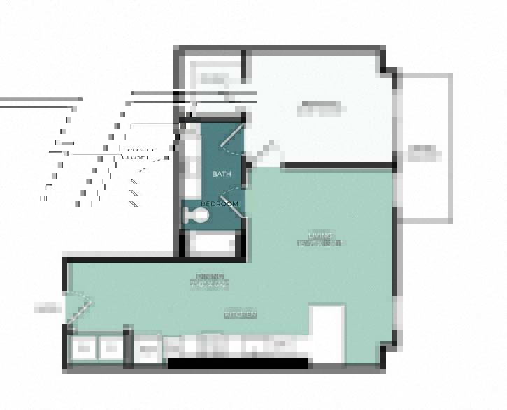 Rendering of the A6 floor plan with 1 bedroom[s] and 1 bathroom[s] at Windsor West Plano