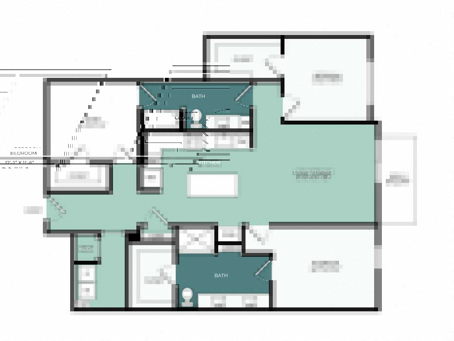 Rendering of the B5 floor plan with 2 bedroom[s] and 2 bathroom[s] at Windsor West Plano