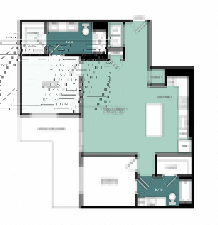 Rendering of the B2 floor plan with 2 bedroom[s] and 2 bathroom[s] at Windsor West Plano