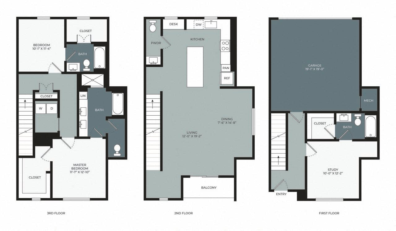 Rendering of the TC - Townhome floor plan with 3 bedroom[s] and 3.5 bathroom[s] at Windsor West Plano