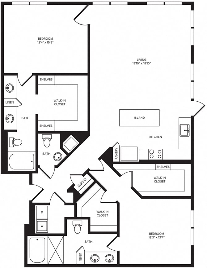 Rendering of the B9 floor plan with 2 bedroom[s] and 2 bathroom[s] at Windsor Turtle Creek