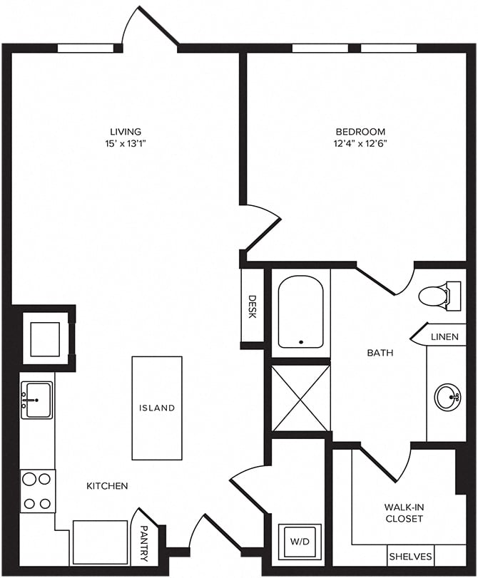 Rendering of the A6 floor plan with 1 bedroom[s] and 1 bathroom[s] at Windsor Turtle Creek