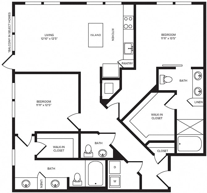 Rendering of the B5 floor plan with 2 bedroom[s] and 2 bathroom[s] at Windsor Turtle Creek