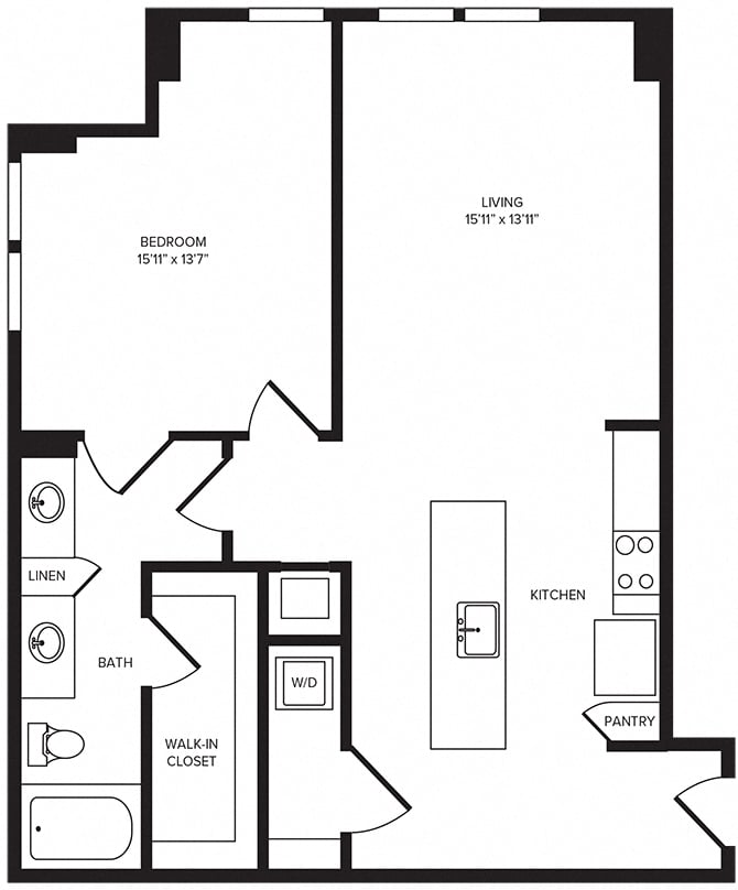 Rendering of the A11 floor plan with 1 bedroom[s] and 1 bathroom[s] at Windsor Turtle Creek