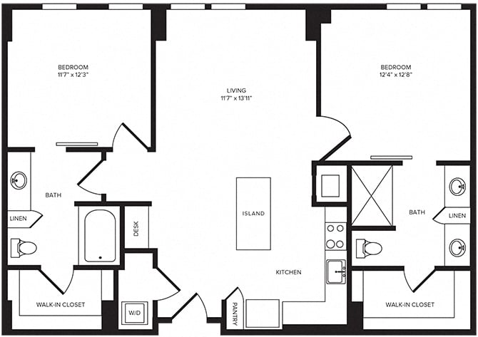 Rendering of the B1 floor plan with 2 bedroom[s] and 2 bathroom[s] at Windsor Turtle Creek
