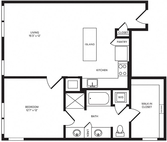 Rendering of the A9 floor plan with 1 bedroom[s] and 1 bathroom[s] at Windsor Turtle Creek
