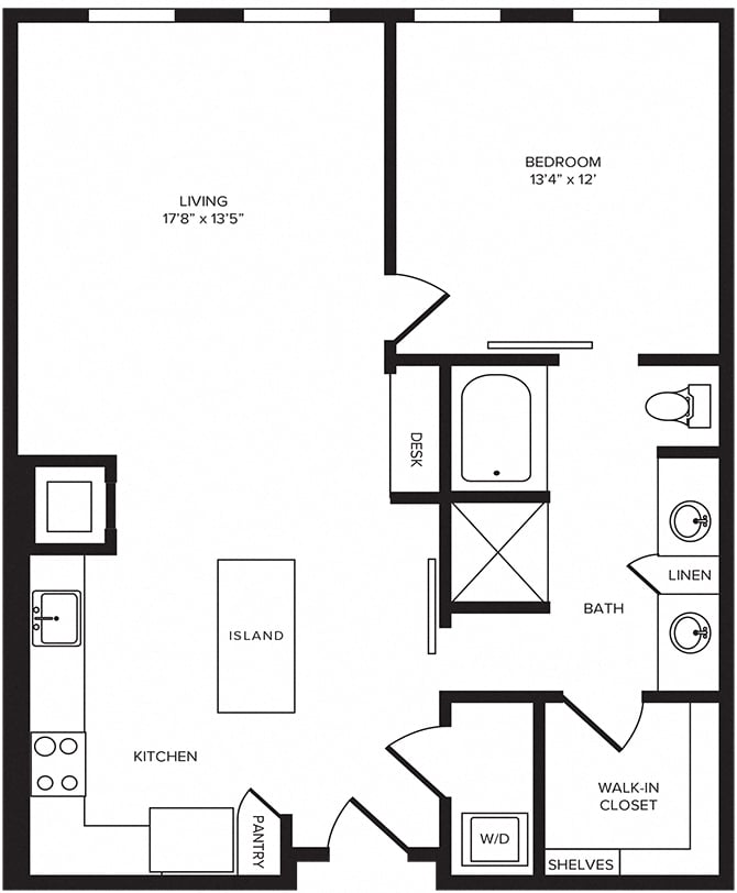 Rendering of the A10 floor plan with 1 bedroom[s] and 1 bathroom[s] at Windsor Turtle Creek