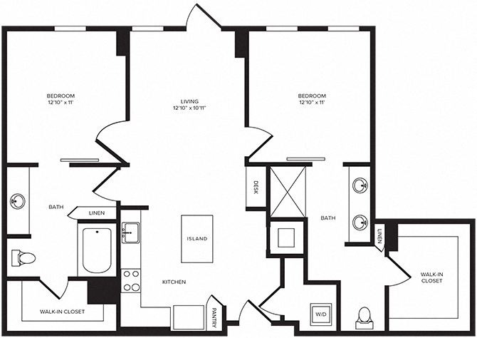 Rendering of the B2 floor plan with 2 bedroom[s] and 2 bathroom[s] at Windsor Turtle Creek