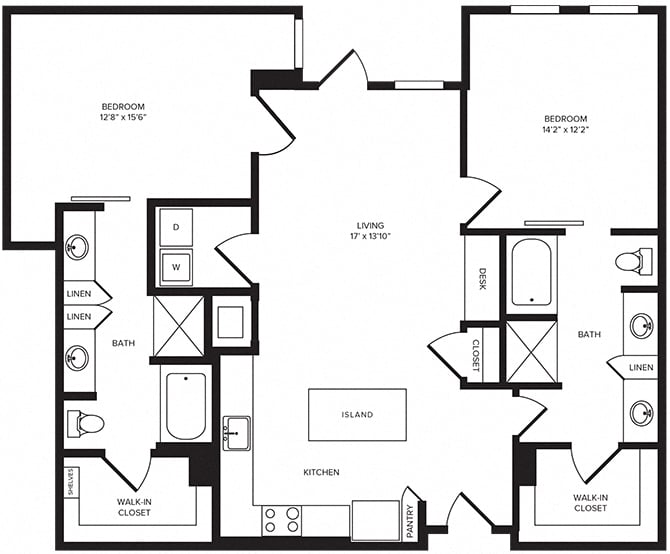 Rendering of the B8 floor plan with 2 bedroom[s] and 2 bathroom[s] at Windsor Turtle Creek