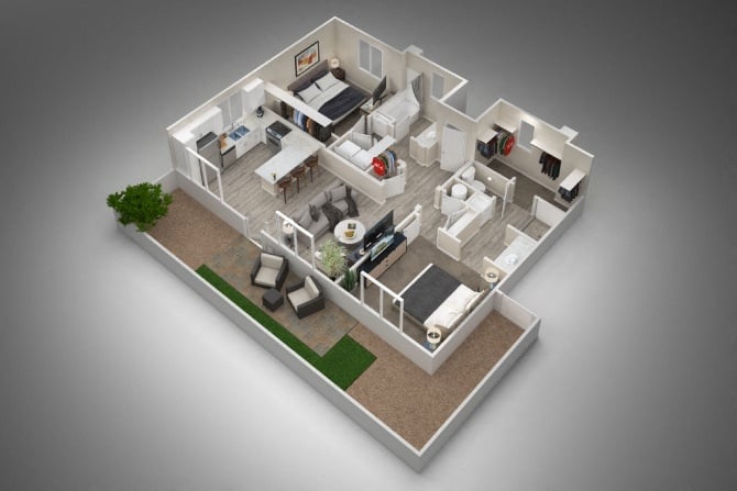Rendering of the B1 floor plan with 2 bedroom[s] and 2 bathroom[s] at Vlux at Sunset Farms