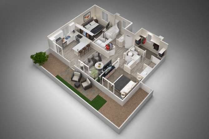 Rendering of the B1 floor plan with 2 bedroom[s] and 2 bathroom[s] at Vlux at Sunset Farms