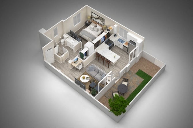 Rendering of the A1 floor plan with 1 bedroom[s] and 1 bathroom[s] at Vlux at Sunset Farms