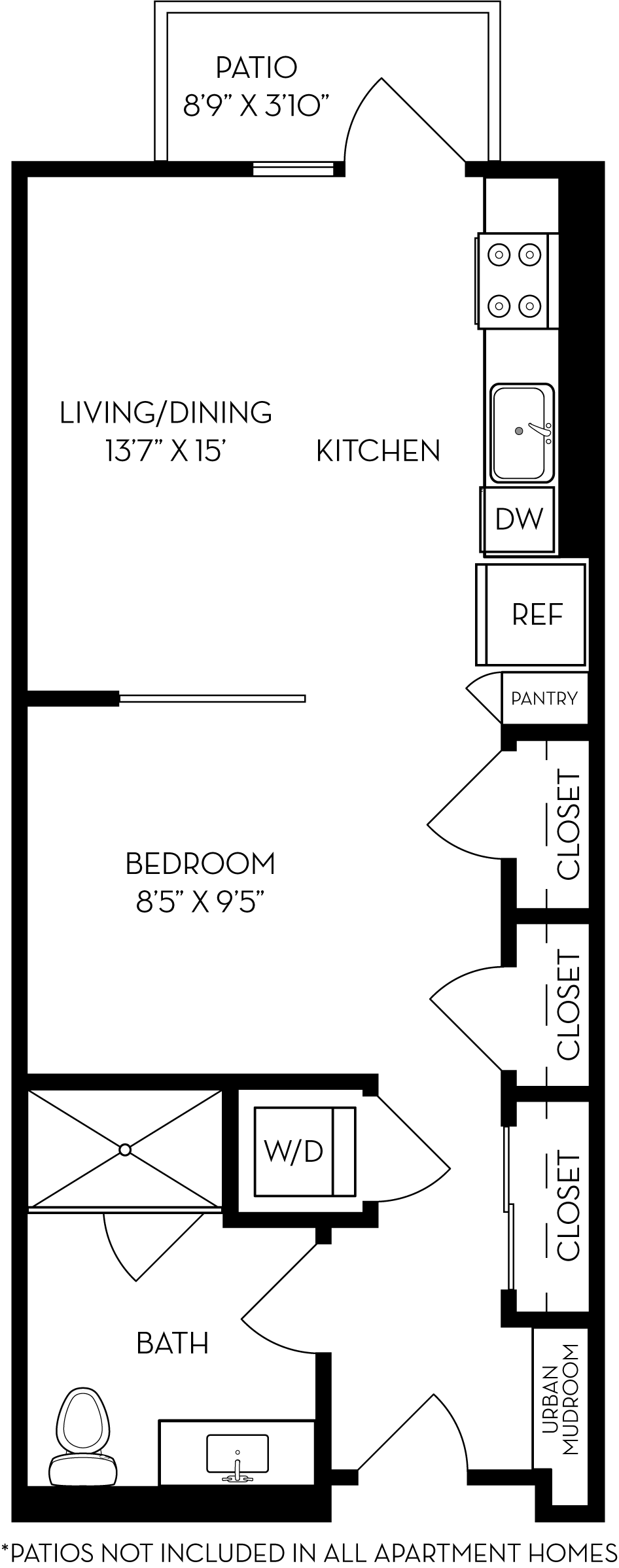 Rendering of the SB1 floor plan with a Studio bedroom and 1 bathroom[s] at The Wyatt