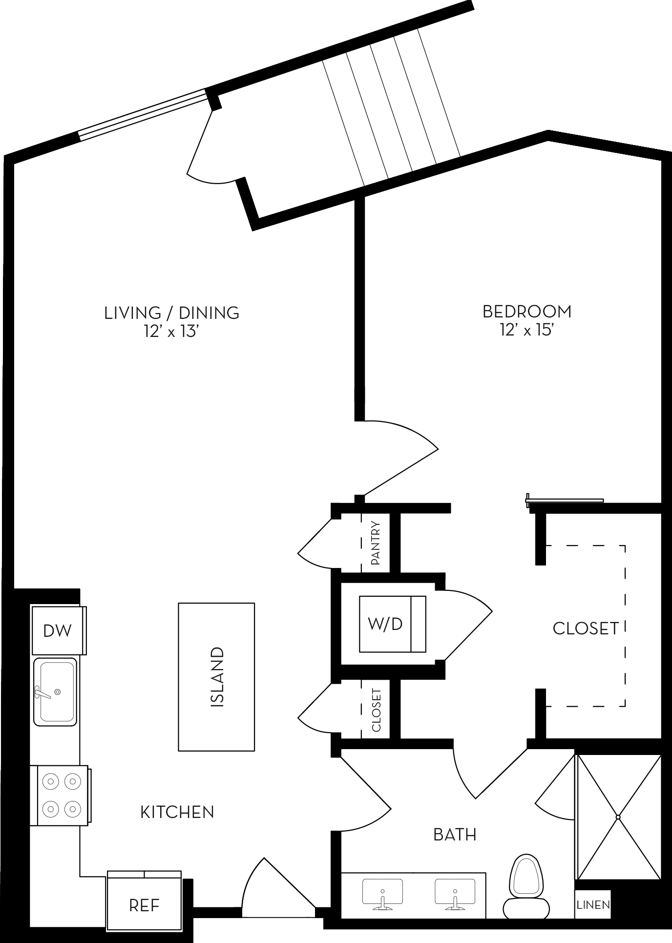 Rendering of the 1A3 floor plan with 1 bedroom[s] and 1 bathroom[s] at The Wyatt