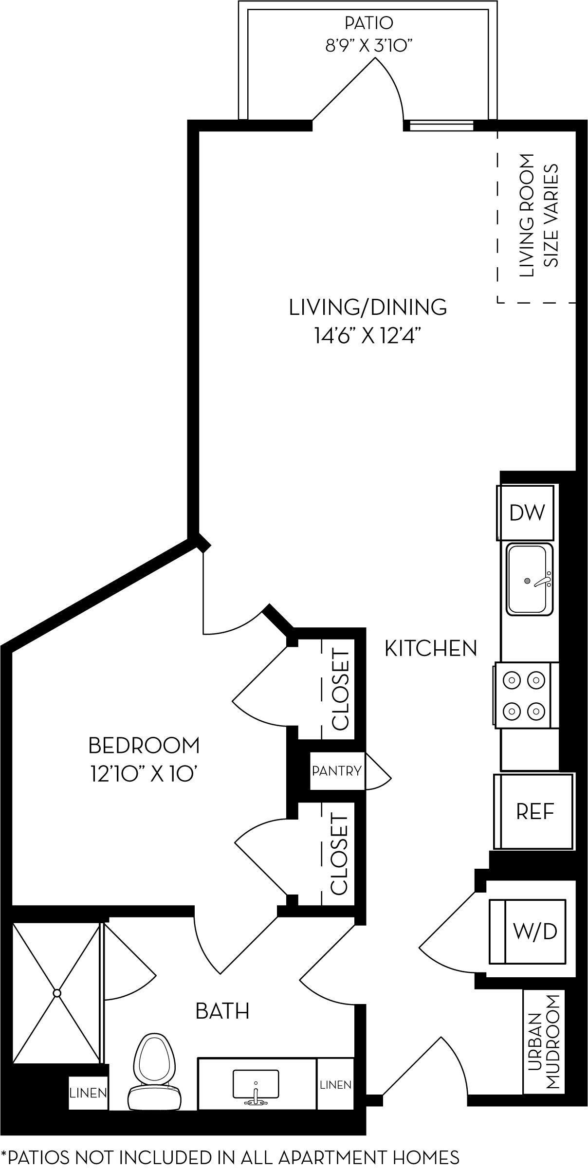 Rendering of the SCJ floor plan with 1 bedroom[s] and 1 bathroom[s] at The Wyatt