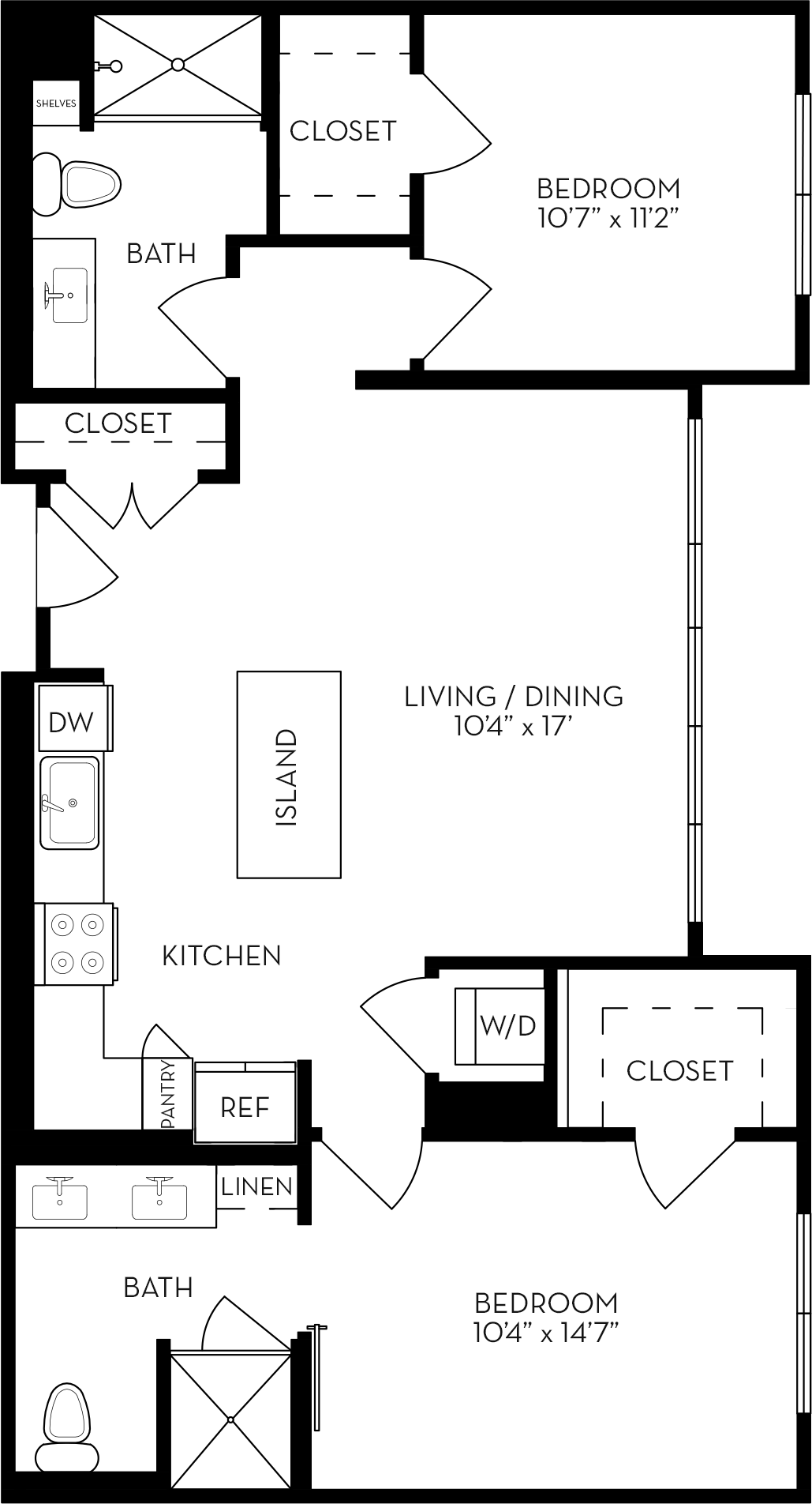 Rendering of the 2R floor plan with 2 bedroom[s] and 2 bathroom[s] at The Wyatt