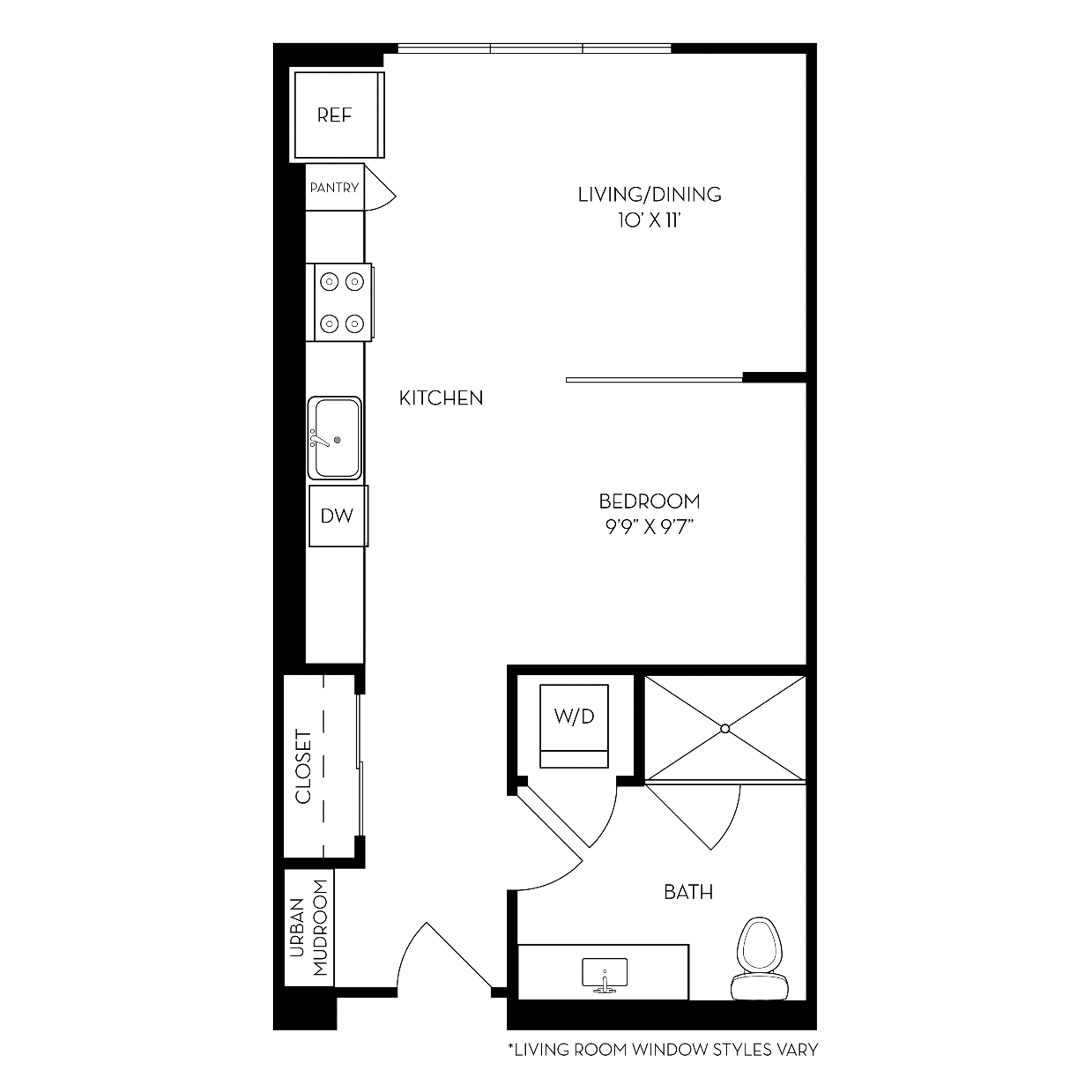 Rendering of the SA floor plan with a Studio bedroom and 1 bathroom[s] at The Wyatt