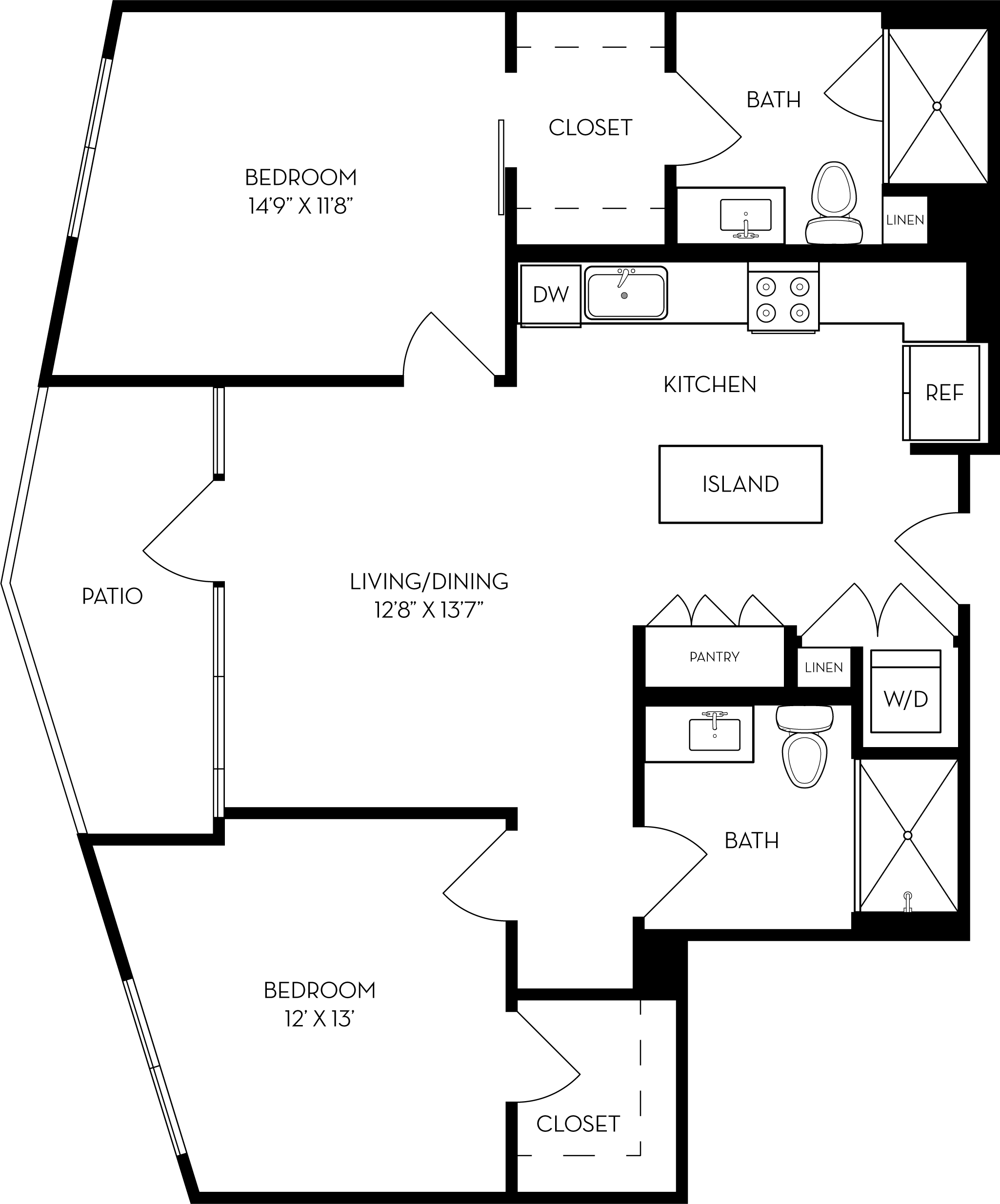 Rendering of the 2G floor plan with 2 bedroom[s] and 2 bathroom[s] at The Wyatt