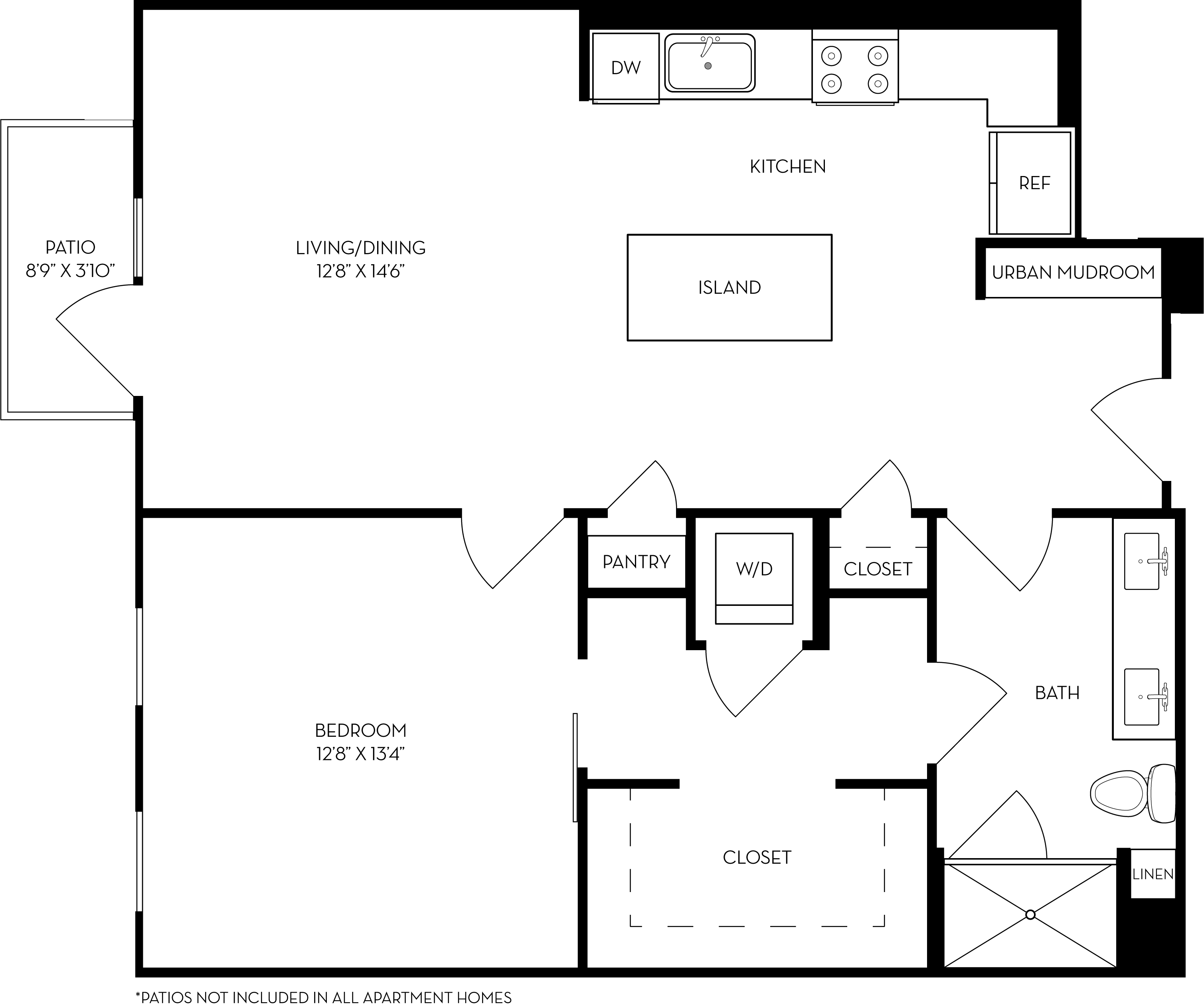 Rendering of the 1G floor plan with 1 bedroom[s] and 1 bathroom[s] at The Wyatt