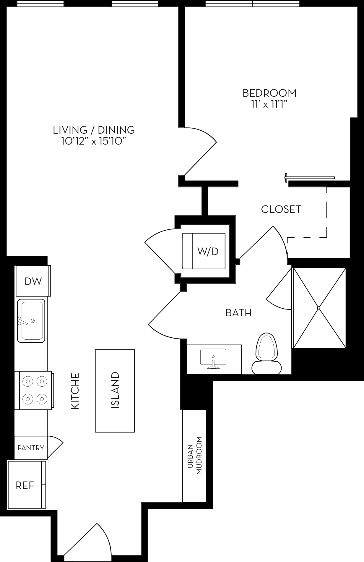 Rendering of the 1B2 floor plan with 1 bedroom[s] and 1 bathroom[s] at The Wyatt